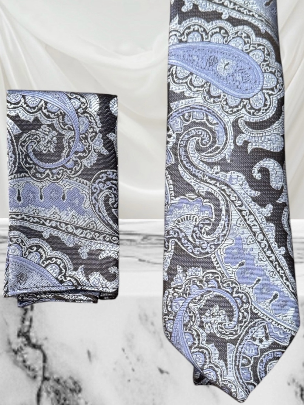 2 for $30 | Men's Paisley Tie & Pocket Square Set - Black and Light Blue